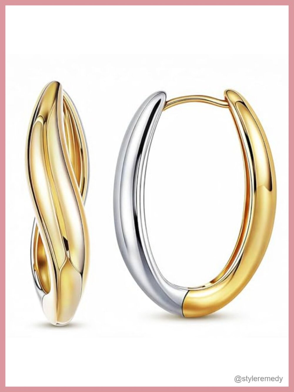 14K Gold Plated Reversible Oval Hoop Earrings Hinged Snap Closure